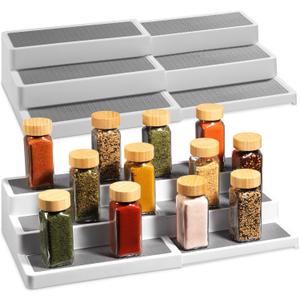 Oizeir Plastic 3-Tier Expandable Spice Rack, Adjustable Length, Stability with Non-Skid Shelf, For Easy Visibility, Organizer for Kitchen Cabinet, Pantry or Countertop, (2-Pack), White/Grey