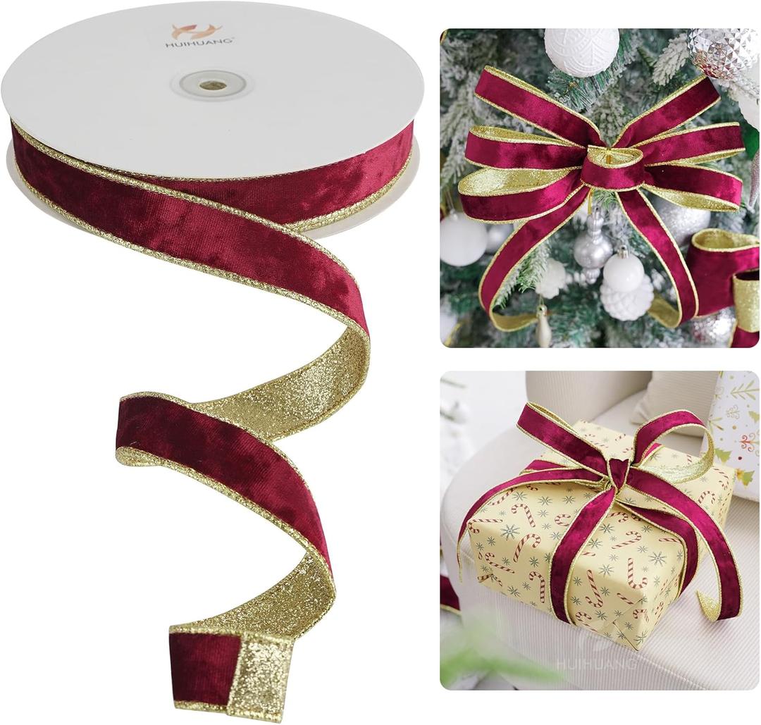 HUIHUANG Burgundy Velvet Wired Ribbon 1 inch Velvet with Glitter Gold Double Sided Christmas Ribbon for Trees, Gift Wrapping, Wreaths, Garlands, Swags, Crafts Bows- Continuous 20 Yards