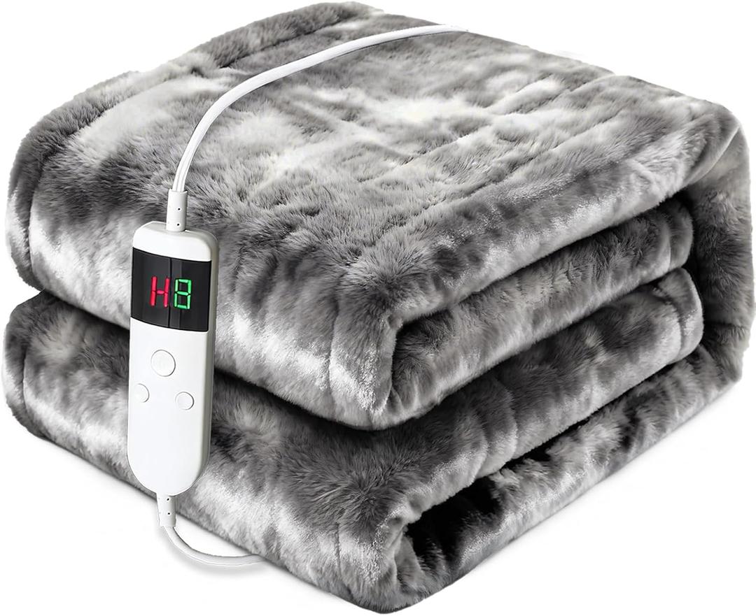 Heated Electric Blanket Throw 50''x60'' - Fast Tie-Dye Heating Blanket, Washable Heat Blanket 10 Heating Settings, 8h Timer Auto Off & Heated Protection, Soft Flannel & Sherpa Material (Light Gray)