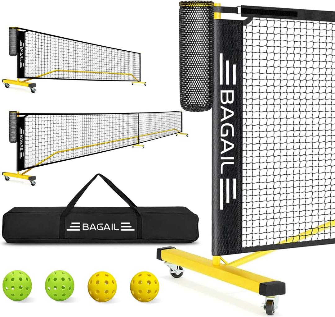 BAGAIL Portable Pickleball Net Set, 22 FT Regulation Size Pickle Ball Net with Ball Collector, 4 Balls and Carry Bag, Easy Setup for Outdoor Indoor Driveway, 2-in-1 22ft + 11ft Net With Wheels