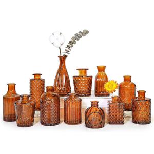 12Pcs Glass Bud Vase Set, Small Dark Brown Flower Vase for Centerpieces, Bud Vases in Bulk, Mini Vintage Vase for Rustic Wedding DecorationsAmber