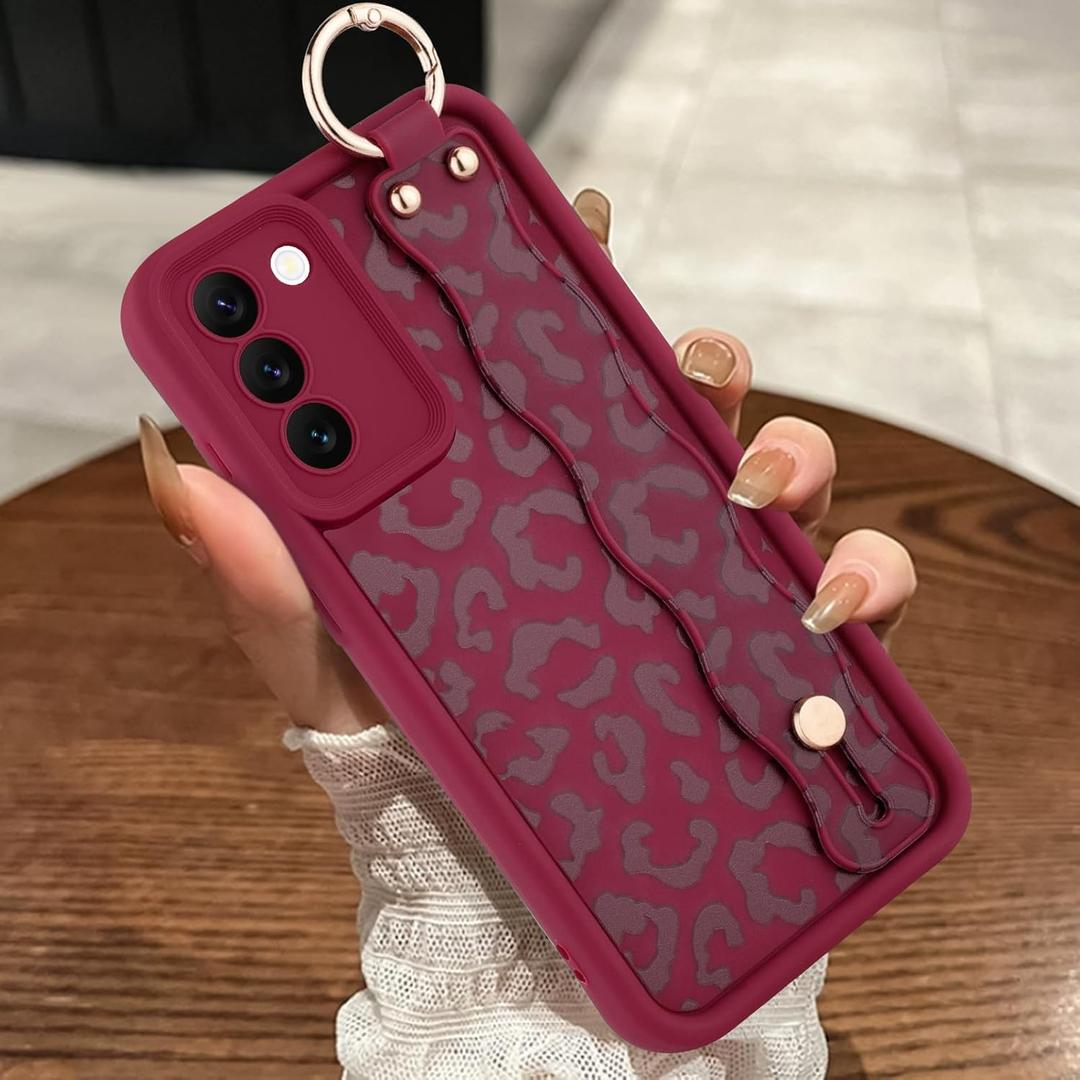 MOWIME Compatible with Samsung Galaxy S21 Case with Wrist Strap, Cheetah Print Shockproof Soft TPU Protective for Women Girls, Slim Anti Scratch Case for Galaxy S21 6.2 Inch, Wine Red