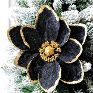Thiccywoov 8 Pcs Large Christmas Flower Magnolia Flowers Christmas Tree Decoration Artificial Poinsettia Stems Velvet Xmas Ornaments for Xmas Tree Table Decor(Black, 12 Inch)