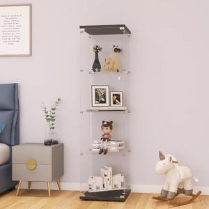 LFT HUIMEI2Y Glass Display Cabinet 4-Shelf with Door and Lock, Curio Cabinets Upgraded Quick-Install Style Tempered Glass Floor Standing Bookshelf for Bedroom, Living Room 65x 17x 14 Black