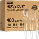 400 Count Heavy Duty Plastic Silverware, BPA-Free, Clear Plastic Cutlery Set, Premium Disposable Utensils for Party Everyday Use, 150 Forks, 150 Spoons and 100 Knives