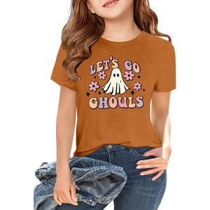 Halloween Shirts for Girls Boys Toddler Retro Spooky Short Sleeve Shirt Cute Ghost Graphic Tshirts 1-7 Years (3-4T, Brown)