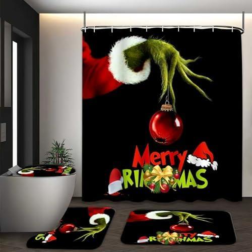 BIVIPO Christmas Bathroom Set 4-Piece, Holiday Shower Curtain with Hooks, Non-Slip Bath Mat, Toilet Lid Cover & U-Shaped Rug, Festive Bathroom Decor, 72x72 Inches