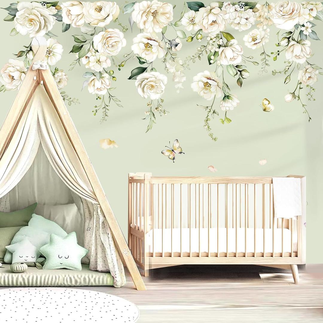 Decalmile Large White Flower Wall Decals Hanging Vine Blossom Floral Wall Stickers Baby Nursery Girls Bedroom Living Room Wall Decor