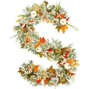 Joyhalo Artificial Fall Leaf Garland, Greenery Garland with Pumpkins and Eucalyptus for Table, Mantle, Fireplace, Thanksgiving Decorations and Fall Wedding Decor
