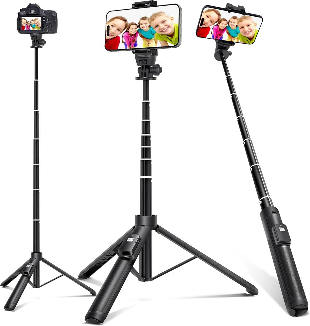 BZE 62 inches Extendable Selfie Stick Tripod with Wireless Remote & Phone Holder, Portable Aluminum Alloy 3 in 1 Stand for Group Photos, Vlogging & Travel Compatible with All Smartphones