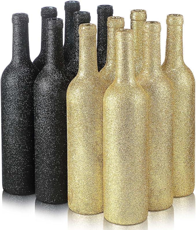 Sliner 12 Pcs Wine Bottles Glass 750ml Glitter Wine Bottles Vintage Bottles Vase for Flowers Wedding Decor Centerpiece Christmas Party Favor DIY Crafts(Black)