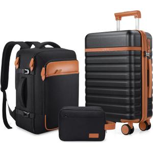 UKEIN Luggage Sets 3 Piece, Carry On Luggage 20In With Spinner Wheels,PC Hardside Suitcase Set with TSA Lock,Durable Carry On Suitcase With Travel Backpack for Men (Black, 3 piece set (20inch))