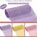 Chuangdi 3 Rolls Poly Burlap Deco Mesh 10 Inch Pink Yellow Purple Deco Poly Decorative Mesh Ribbon Wrapping Ribbon Rolls for Home Door Wreath Decoration DIY Crafts Making