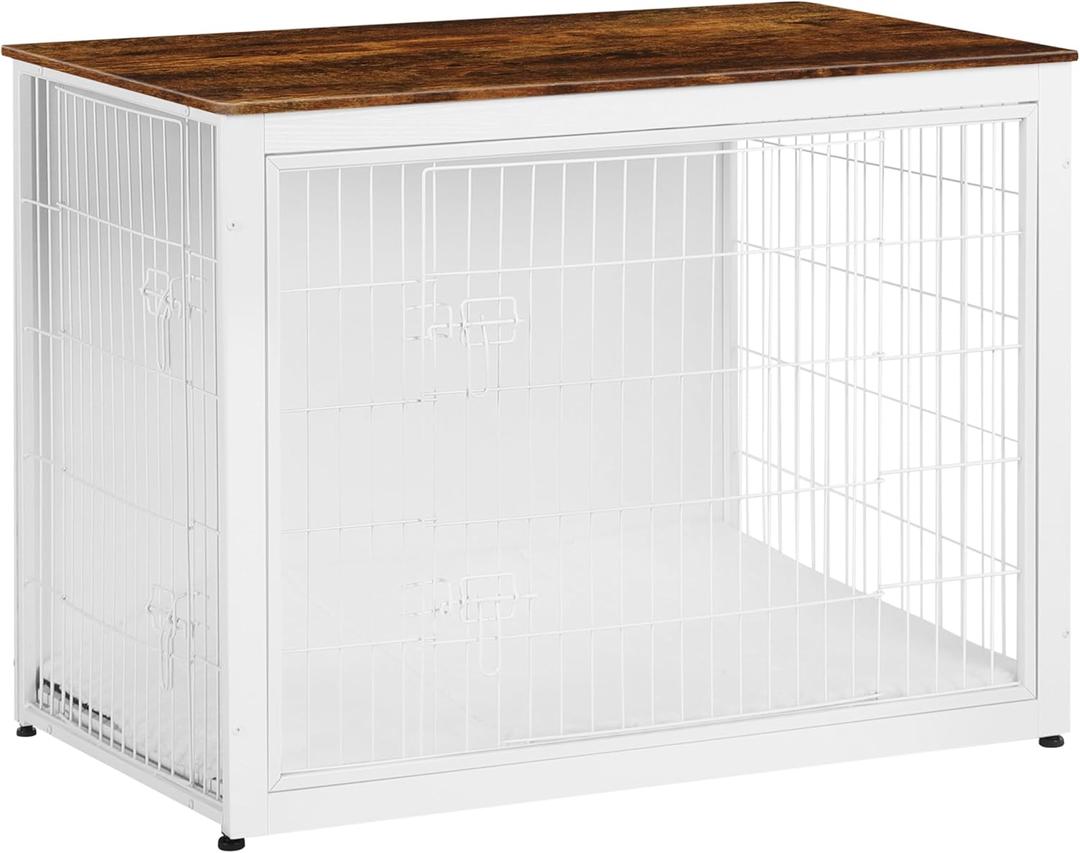 DWANTON Dog Crate Furniture with Cushion, Wooden Kennel Table with Double Doors, Indoor Dog House, Extra Large Size, 43.3" L, White+Rustic Brown