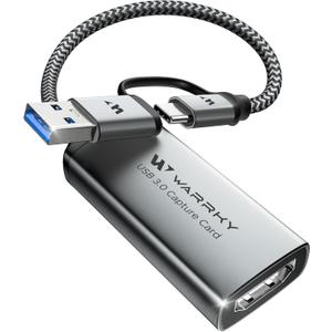 WARRKY Video Capture Card, USB 3.0 HDMI Capture Card 1080P 60FPS with Type-C Adapter, USB C Capture Card for Streaming [Nylon Braided Cable, Aluminum Shell] Compatible with Windows, MacOS, Switch, OBS (Grey)