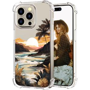 Hungo Compatible for iPhone 15 Pro Max Case for Women Clear Design Cute,Girly Girls Promax Ocean Beach Mountain Sunset Sun Sea Palm Trees Clouds Hills Tropical