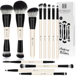 HEYMKGO Makeup Brushes Set, 12Pcs Professional Dual-ended Foundation Contour Powder Eyeshadow Brushes for Liquid, Cream, Powder for Blending Face Brush Tools - Bag Included, Great for Travel, Black