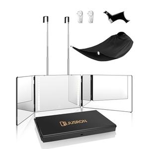 JUSRON 360 Viewing Angle Self Hair Cutting Mirror, Clear Anti-Fog HD Glass (Black with LED with Accessories)