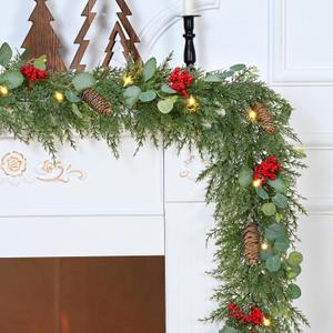 Waipfaru 2 Pcs Christmas Decorations, 5.9FT Christmas Garland with Lights, Prelit Lighted Christmas Greenery Cedar Garland Cypress for Home Table Mantel Stair Railing Indoor Outdoor Xmas Decor