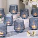12pcs Large Blue Votive Candle Holders, 3.16"3.16" Blue Votives with Vintage Floral Design, Tealight Candle Holder for Wedding Decor, Bridal Shower, Centerpieces for Tables