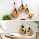 Wall Hanging Baskets for Organizing - 3 Pack Hanging Fruit Basket with 6 Pcs Strong Hooks, Handwoven Onion Storage Teardrop Home Onion Basket for Fruits Vegetable Potato Kitchen Storage(Light Linen)