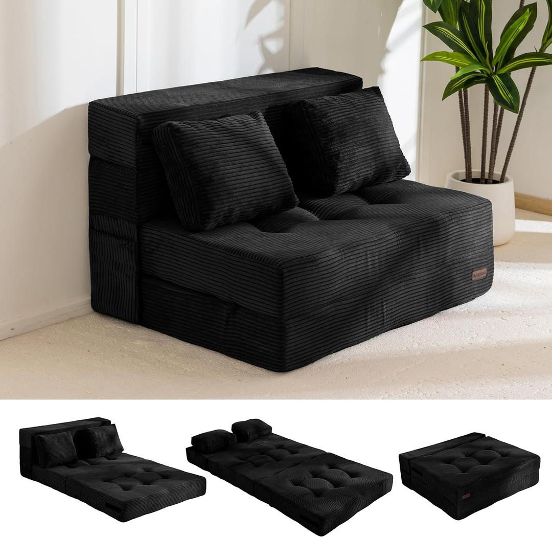 MAXYOYO Convertible Sofa Bed, Fold Out Loveseat Sleeper Sofa with Pillow, 4 in 1 Tufted Folding Couch Bed Foam Floor Couch, Lazy Chair for Living Room Bedroom Guest Room, Black (Twin)