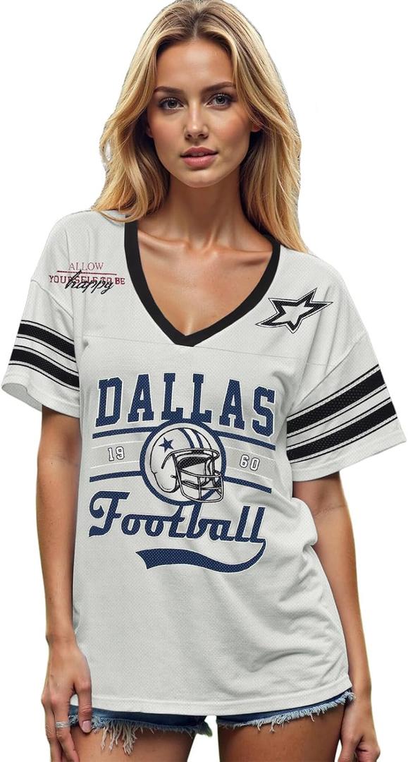 Football Jersey Shirt for Women Game Day Tshirt Football Season Outfits Fans Lover Shirts V Neck Y2k Baggy Tee Tops (X-Large, Light Gray-1)