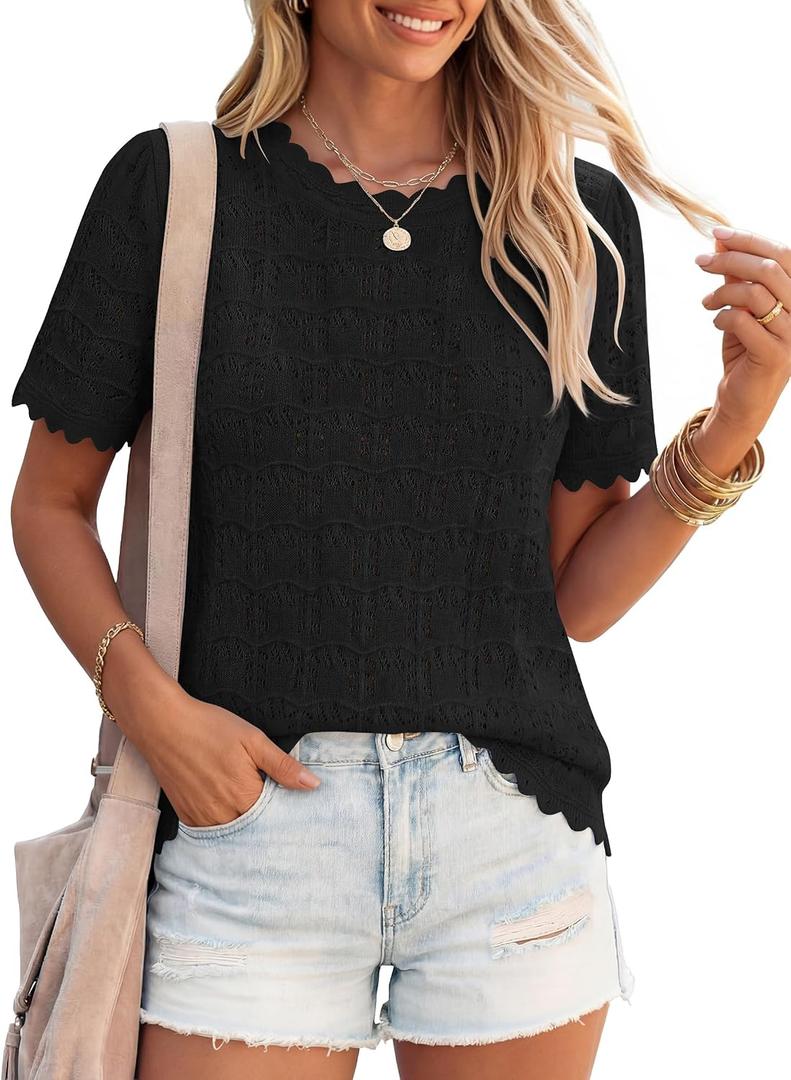 ZESICA Women's Summer Crochet Eyelet Short Sleeve Sweater Tops (M)