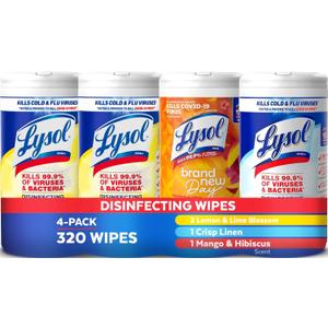 LYSOL Disinfecting Wipes, All Purpose Cleaner, Multi-Surface Antibacterial Cleaning Wipes, Household Cleaning Supplies, Dorm Essentials, Lemon + Mango & Hibiscus + Crisp Linen Scent, 80 ct. (4 Pack)