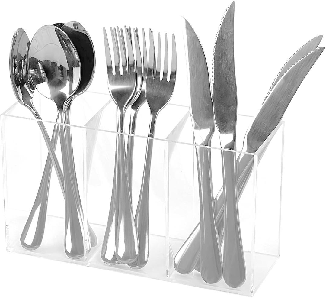 Clear Acrylic Cutlery Storage Organizer, Plastic Cutlery Utensil Holder Storage Organizer Caddy for Kitchen Countertop Organization, Holds Fork, Knife, Spoon, Pen, Silverware Tableware Storage Box (1 Acrylic (8.3x2.8x4.7in))