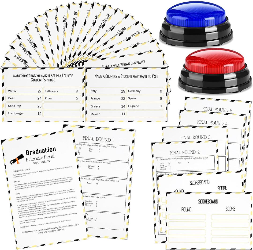 Graduation Friendly Feud Game with 2 Answer Buzzers, Grad Feud Cards for Family Game Night Fun Trivia Quiz for Class Party Groups Clubs Team Building, 5.12 x 8.07 x 2.36 inches
