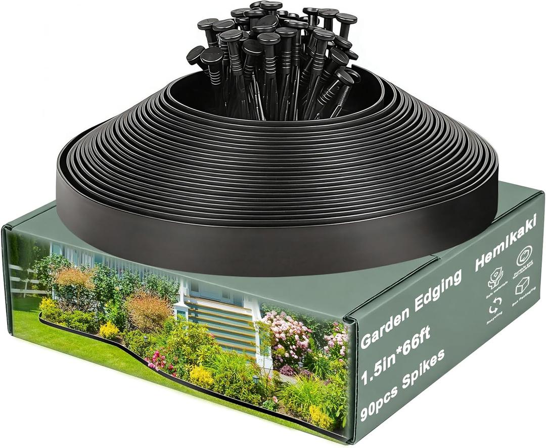 1.5 Inch x 66FT Garden Edging Border, Plastic Edging for Landscaping with 90pcs Spikes
