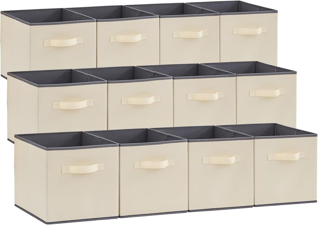 Lifewit 12 Packs Storage Cubes, 11 Inch Cube Storage Bins, Foldable Decorative Fabric Storage Baskets for Organizing Home Organizers with Handles for Shelves, Closet, Beige