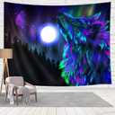 Wolf Moon Tapestry, Colorful Cool Psychedelic Wolf Poster Tapestry Wall Hanging, Purple Hippie Trippy Tapestry for Bedroom Aesthetic, Wild Animal Wolves in Forest Tapestries for Living Room, 60X40in