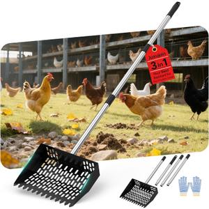 Chicken Poop Scooper for Sand,Coop Scoop 3 IN 1 Rake FunctionFine Sieve HolesAdjustable Stainless handle 24 to 68"Metal Cat Litter Scoop, No Hole Shovel Side Scooper Chicken Poop Scooper for Sand