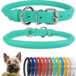 CollarDirect Rolled Leather Dog Collar, Soft Padded Round Puppy Collar, Handmade Genuine Leather Collar Dog Small Large Cat Collars 13 Colors (7-8 Inch, Mint Green Smooth)