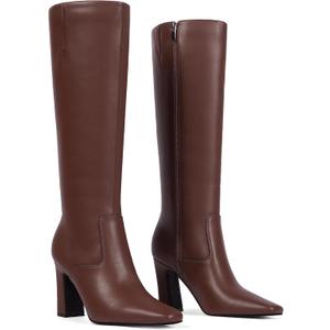 Knee High Boots for Women 3" Chunky Heel Square Toe Fall Winter Side Zipper Dress Tall Boots for Women (7.5, Light Borwn)