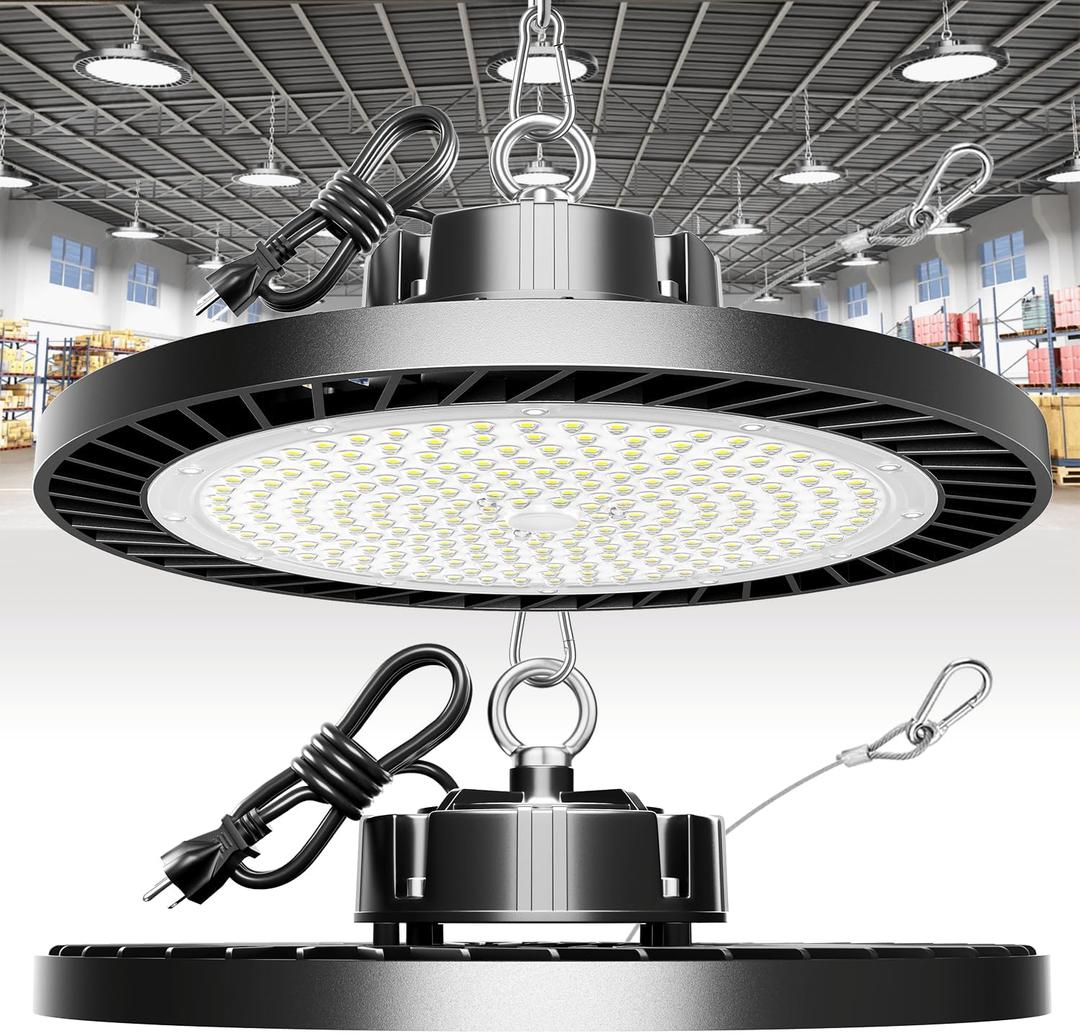 Super Bright 300W High Bay Led Shop Lights 2Pack| 5000K 45000LM UFO Led High Bay Light With 5ft Cable Hanging Hook Safe Rope| Shop Light & Garage Lighting Lights For Factory Workshop Warehouse