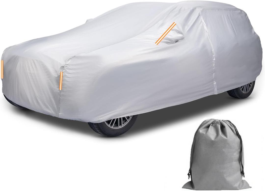 Caromop 10-Layer Waterproof Car Cover All Weather Protection (Snow, Rain, Sun) with Secure Fit Straps and Easy On/Off Zipper-Size S2 (See Size-Chart) (Reflective)
