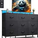 WLIVE Black Dresser TV Stand for 45, 50, 55 inch TV, Entertainment Center with LED Lights & Charging Station, Chest of drawers with 9 Fabric Drawers and Open Shelves for Living Room, Hallway, Wood Top