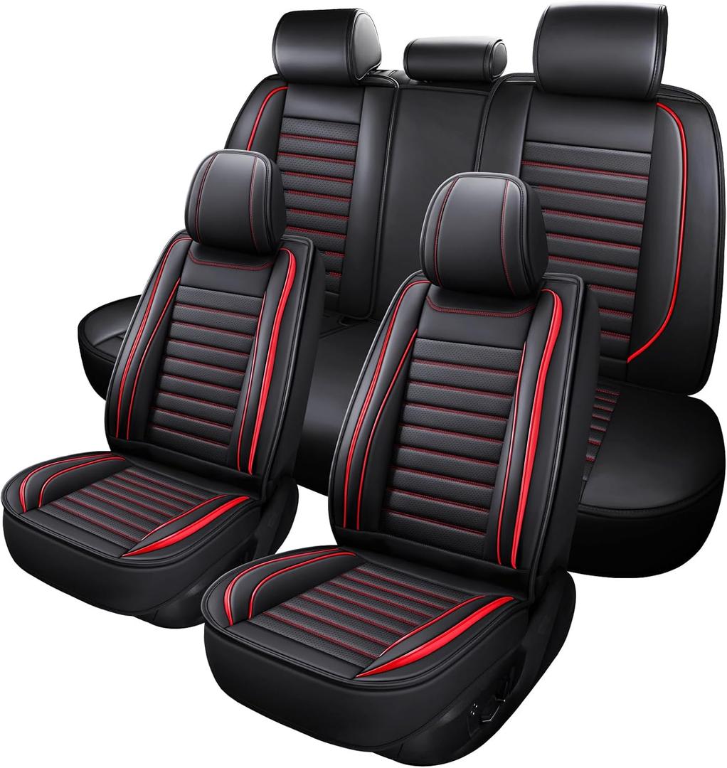 MINGBRON Leather Car Seat Covers, 5 Seats Universal Seat Covers for Cars Full Set, Waterproof and Breathable Automotive Seat Covers Front and Rear Seat Covers for Most Cars Black Red