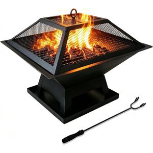 19.8" Square Outdoor Fire Pit Table with Fire Poker & Mesh Lid, Metal Wood Burning Stove, Brazier Patio Outside Heating for Backyard Log Burning Camping