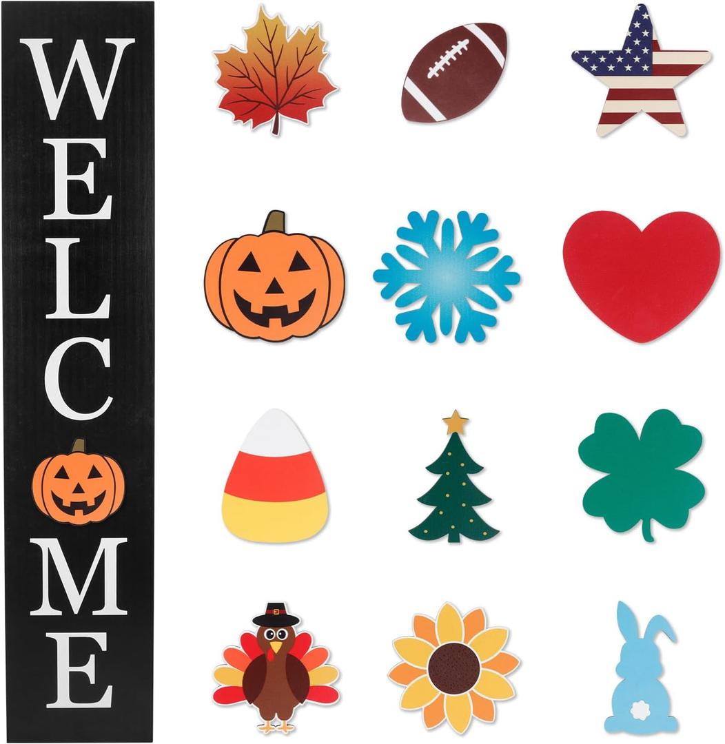 Interchangeable Welcome Sign for Front Porch- 45"X9" Large Standing/Hanging Wooden Sign with 12 PCS Replaceable Icons for 4th of July Fall Halloween Porch Wall Yard Decorations, (Black)