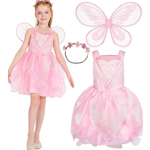 Girls Fairy Costume, Princess Dress Wings Tutu Sequin Suit for Kids Halloween Party Fancy Dress Up Dresses 4-6Y