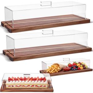 Mifoci 4 Pack Acacia Wood Cake Stand Serving Tray with Acrylic Lid, 15 x 6 x 4 Inches Charcuterie Table Display Set, Dessert Serving Tray Set for Bakery, Buffet, Home Party & Restaurant