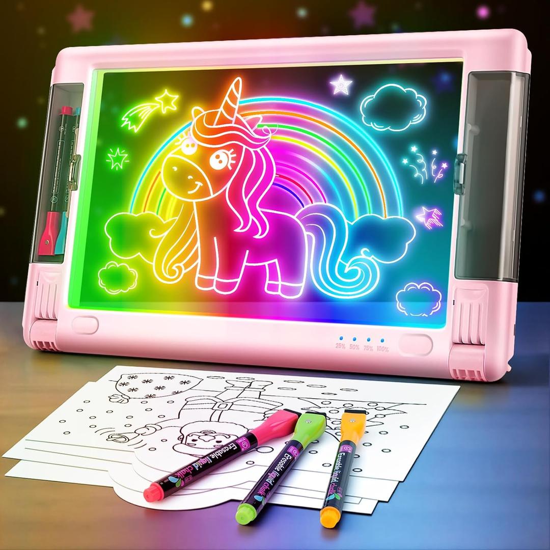 Rechargeable LED Drawing Board, 15 Inch 9-Color Light Modes Neon Art Light Up Writing Tablet Tracing Pad for Kids, Sketching Gift Toy for Teens, 5 Markers, 10 Tracing Sheets (Pink)