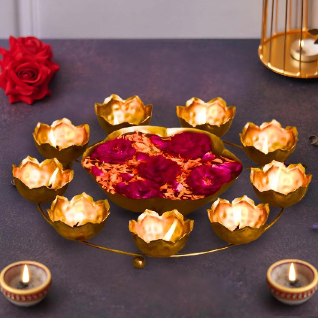 Handcrafted Golden Metal Diya Holder with Center Bowl | 9 Wick Tealight Stand for Diwali Decoration, Pooja Room & Festival Lighting | Traditional Indian Decor Item