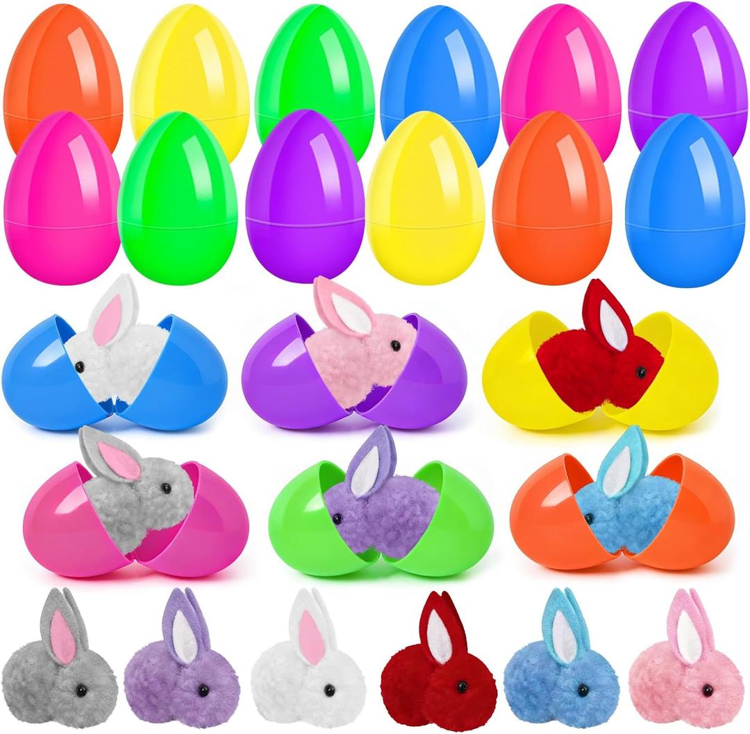 Easter Eggs Fillers with Bunny Plush 12Pack, Prefilled Easter Eggs Toys, Easter Basket Stuffers for Kids Teens Boys Girls, Classroom Treasure Box, Party Favors for Egg Hunt