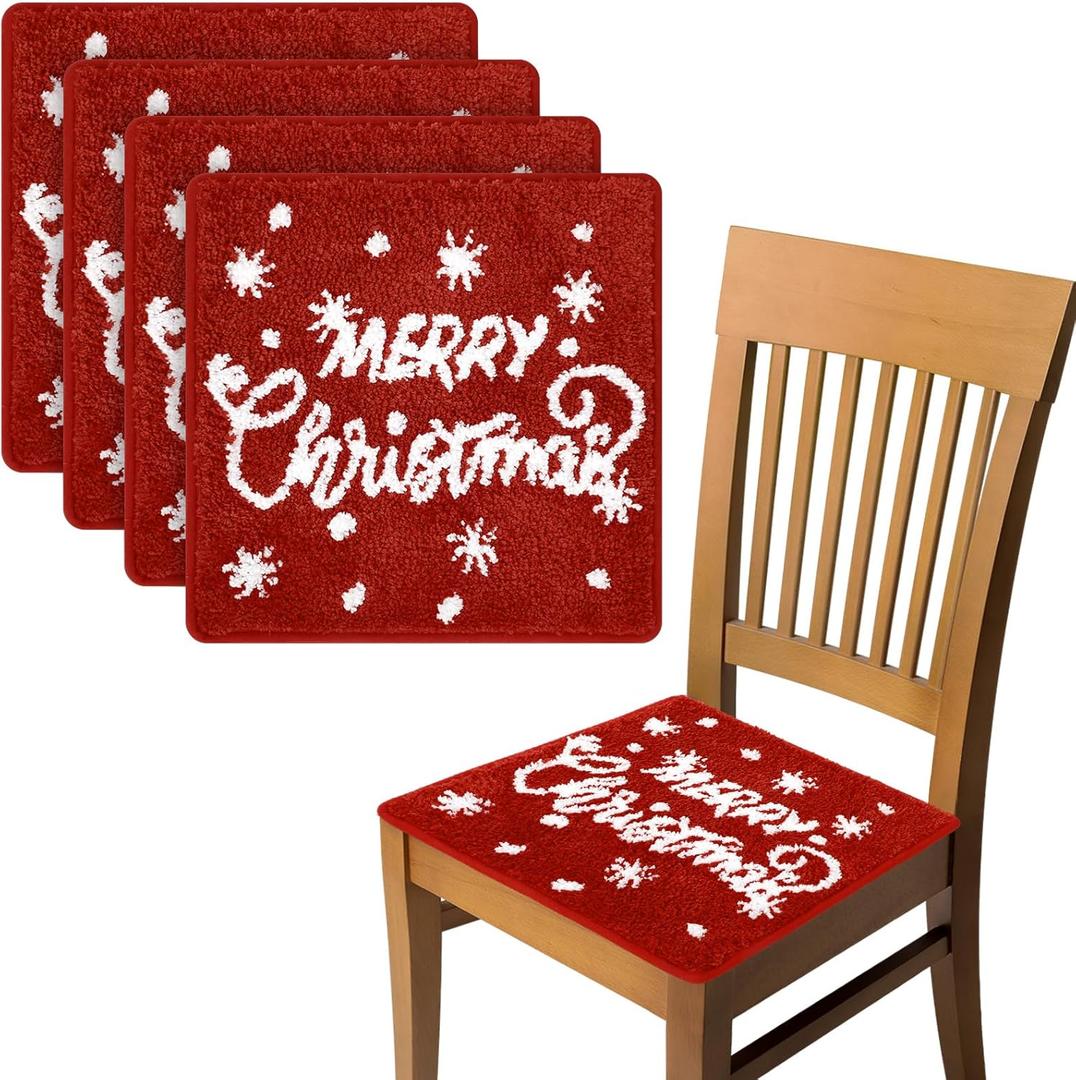 Shihanee 4 Pcs Christmas Chair Cushions 16 x 16 Inches Non Slip Seat Padding Merry Christmas Chair Pads Seat Cushion Xmas Snow Decoration for Kitchen Dining Room Patio Gifts for Friends Family