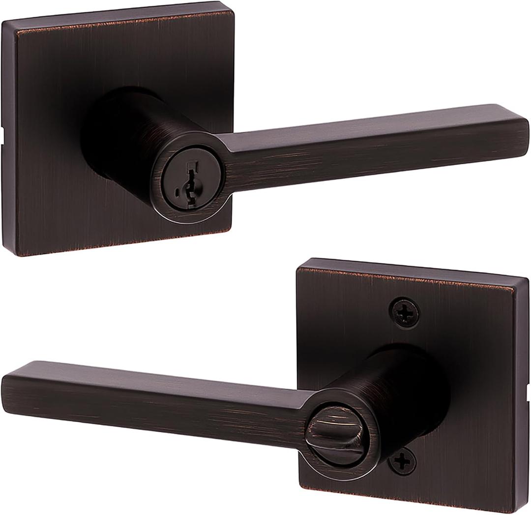 Kwikset Halifax Entry Door Handle with Lock and Key, Secure Keyed Reversible Lever Exterior, For Front Entrance and Bedrooms, Venetian Bronze, Pick Resistant Smartkey Rekey Security and Microban